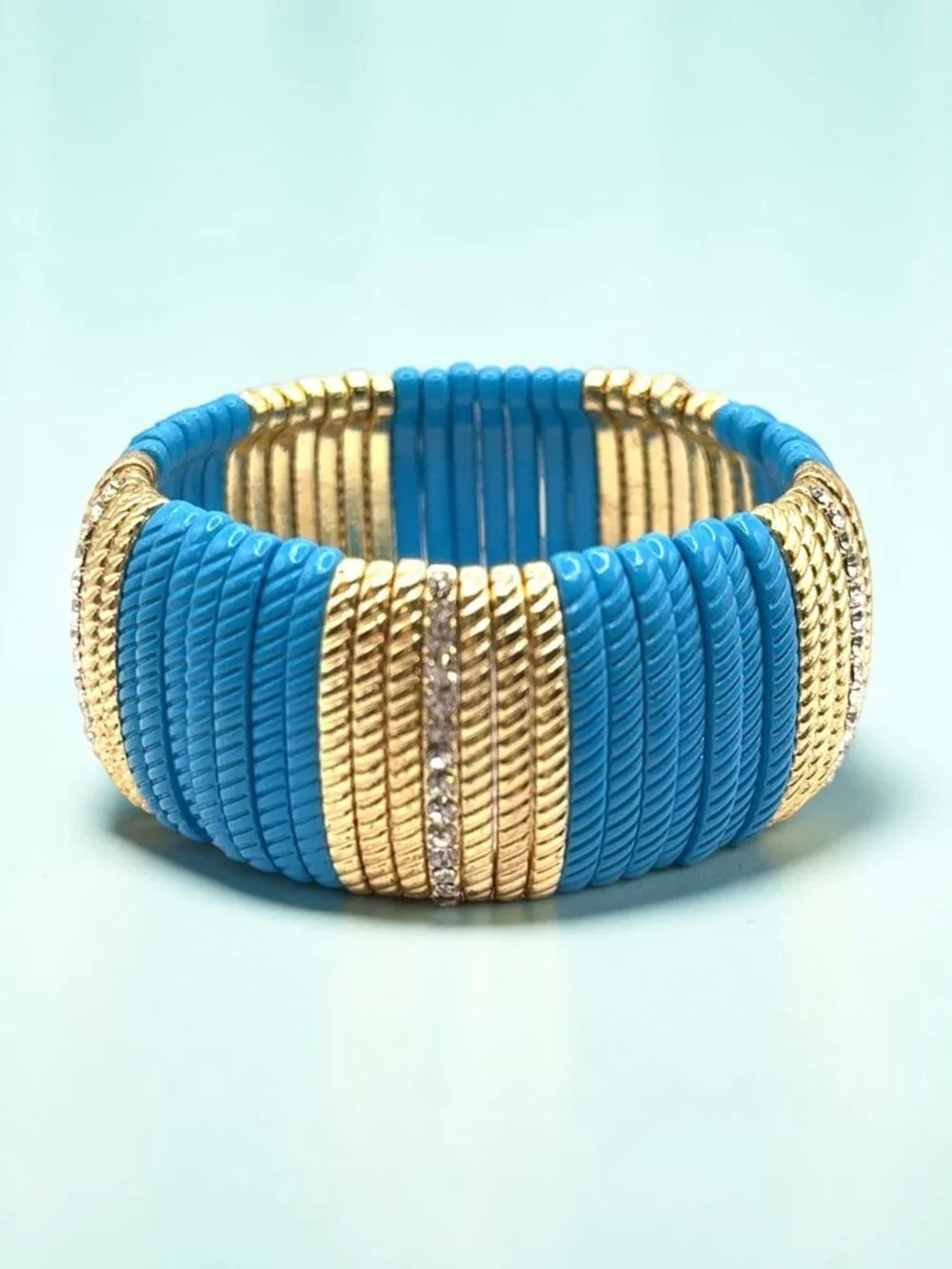 Turquoise and Gold Stretch Bracelet with Rhinestone Accents